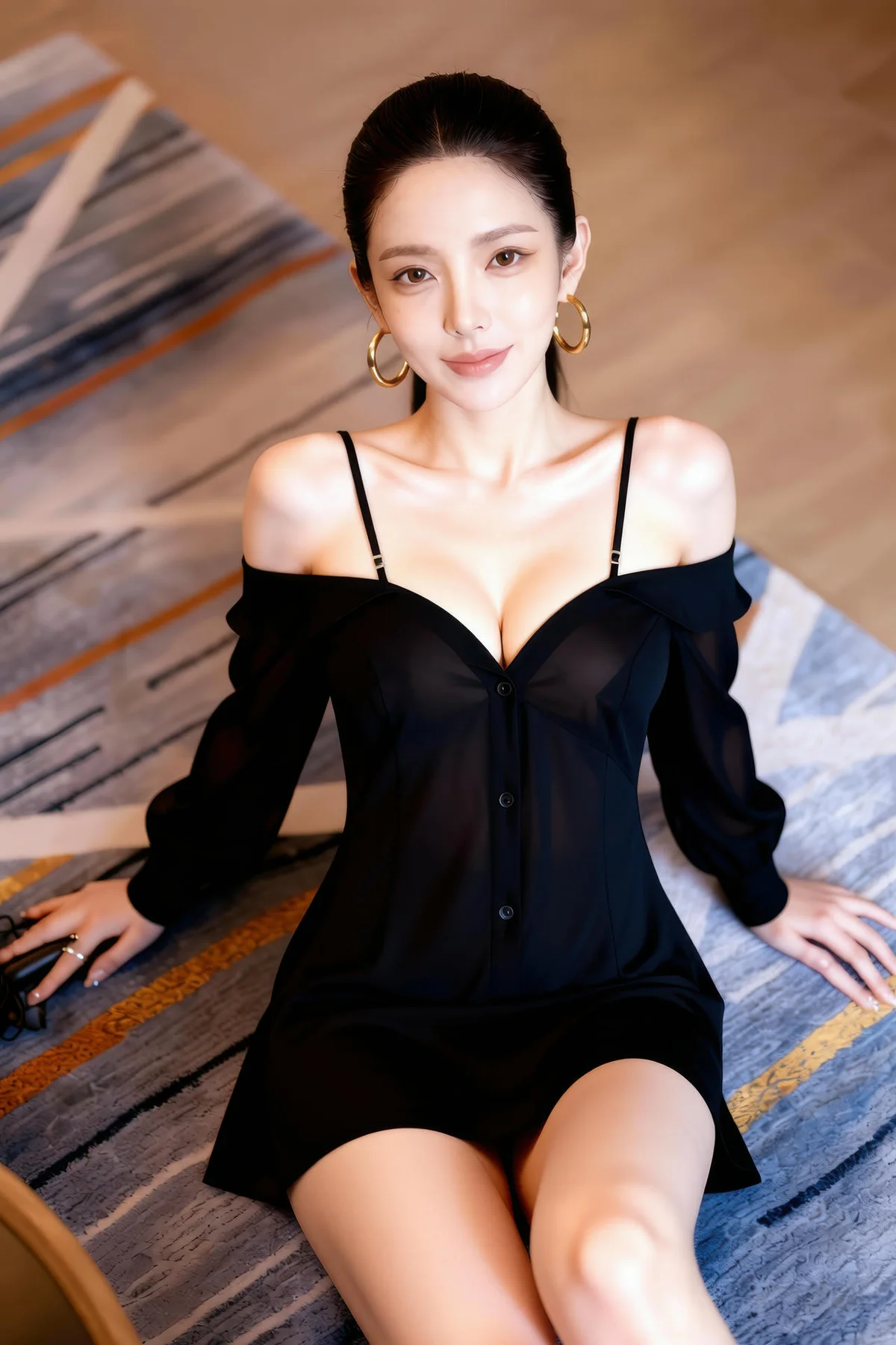 AIG  No.377 米妹香肩黑色衬衫 - 3