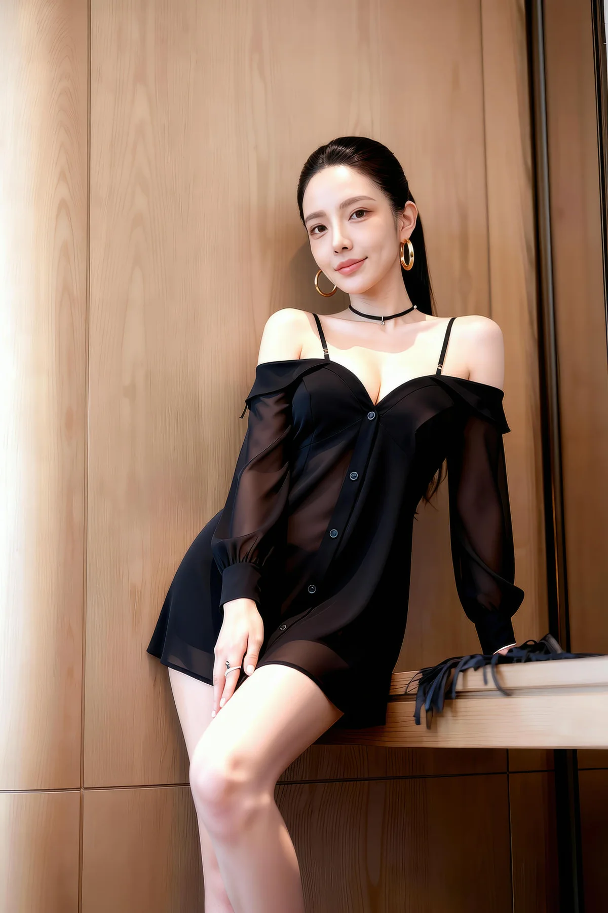 AIG  No.377 米妹香肩黑色衬衫 - 10