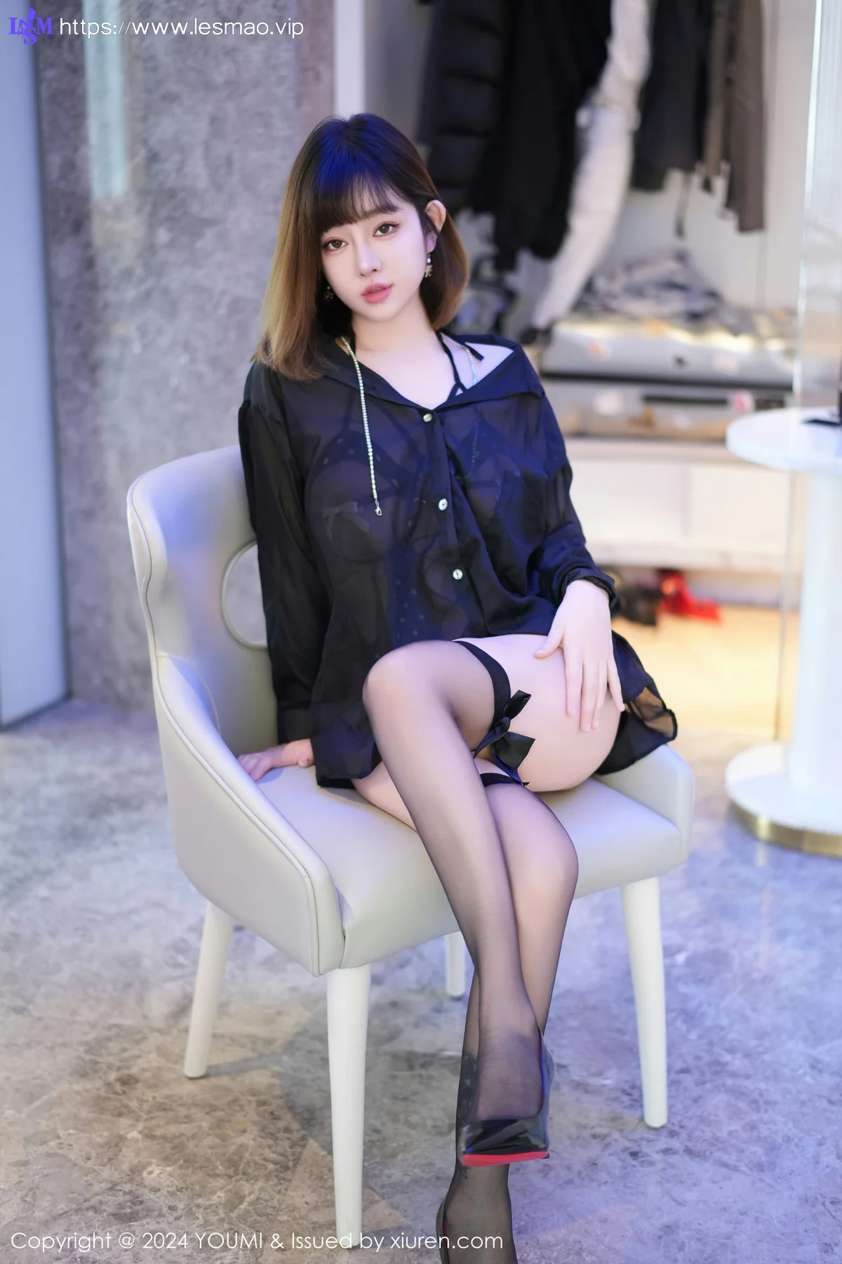 YOUMI 尤蜜荟 Vol.1030 王雨纯 黑色薄纱轻透上衣性感写真1 - 1