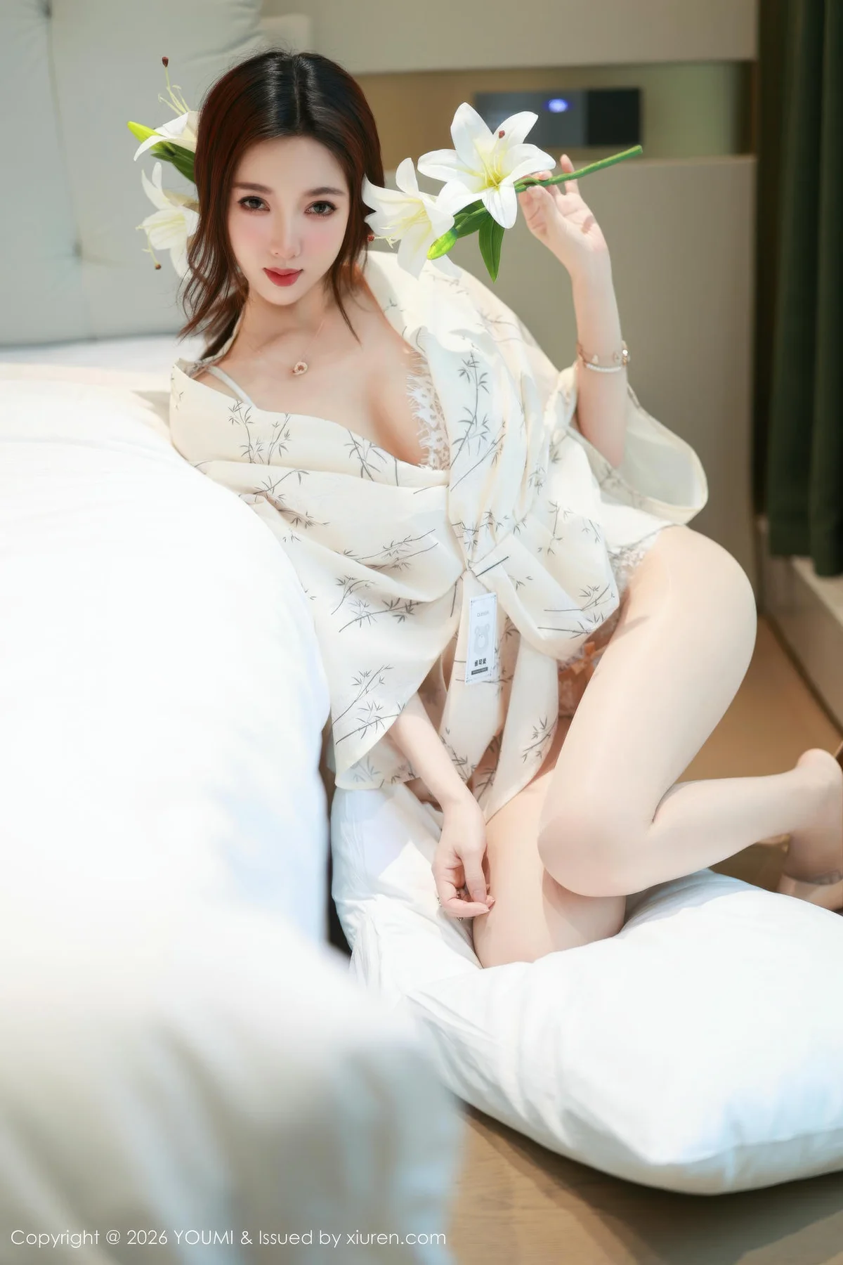 YOUMI 尤蜜荟 Vol.1201 Twins桃桃 白色蕾丝内衣 - 4